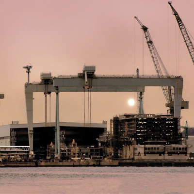 View on a shipyard with cranes